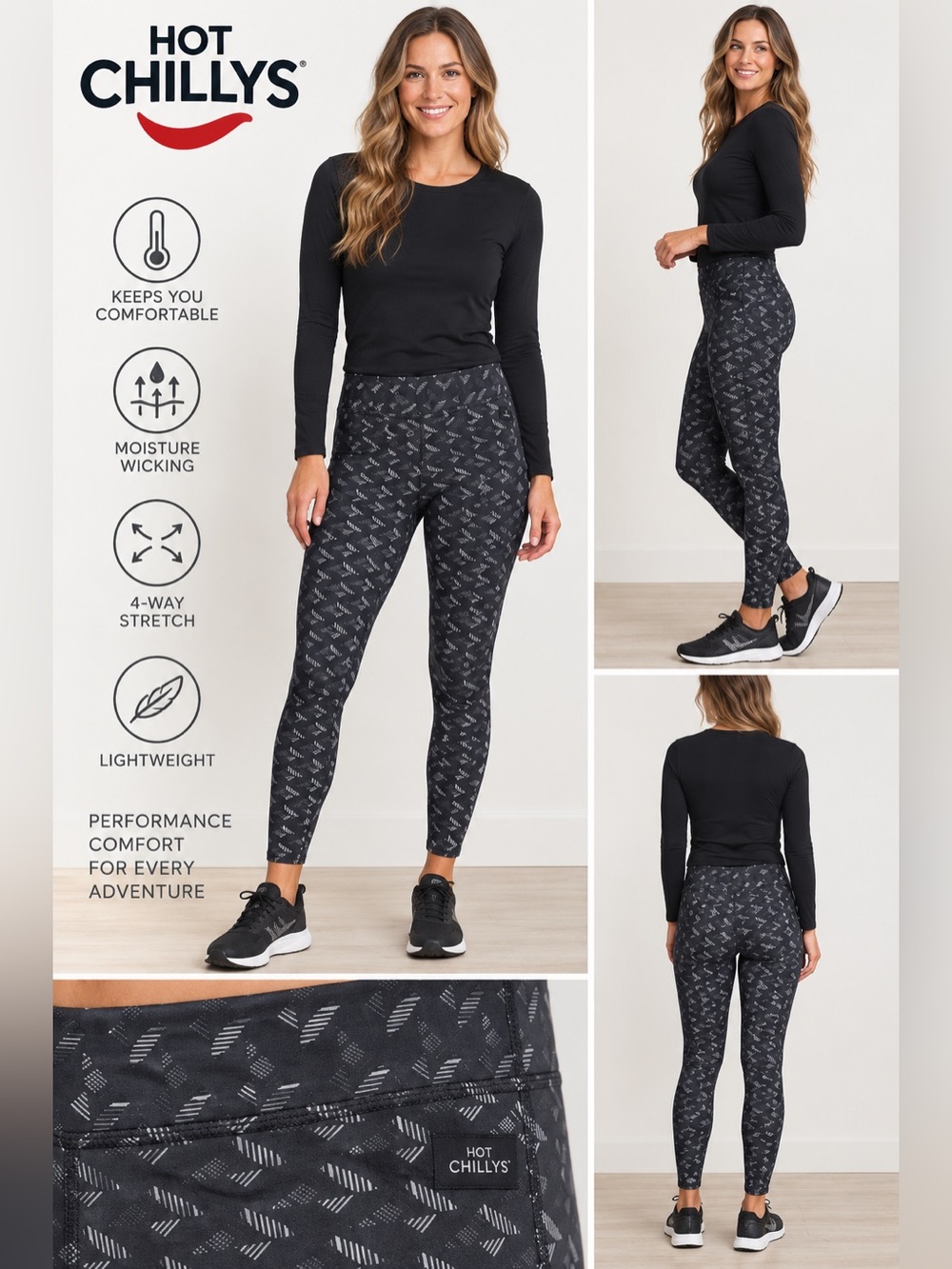 New Hot Chillys MTF Print Tight Peaks Black Patterned Leggings Small